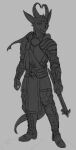  ambiguous_gender anthro armor boots clothing dragon dragonborn footwear gloves handwear hi_res hibris horn long_ears long_tail monochrome plantigrade plate_armor scalie sheila_(hibris) sketch solo warhammer_(weapon) weapon 