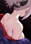  1girl absurdres bare_shoulders black_background breasts earrings fate/grand_order fate_(series) from_behind grey_hair highres japanese_clothes jewelry kimono large_breasts miyamoto_musashi_(fate) nape off_shoulder open_clothes open_kimono purple_kimono queasy_s short_hair sideboob simple_background solo undressing upper_body 