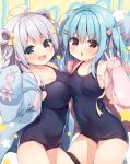  2girls :d ahoge bare_shoulders black_swimsuit blue_eyes blue_hair blue_jacket blush braid breasts chestnut_mouth cleavage commentary_request covered_navel double_bun hair_ornament hairclip hanamiya_natsuka hood hood_down hooded_jacket jacket long_sleeves medium_breasts multiple_girls old_school_swimsuit one-piece_swimsuit open_clothes open_jacket original pinching_sleeves pink_jacket puffy_long_sleeves puffy_sleeves red_eyes school_swimsuit silver_hair sleeves_past_fingers sleeves_past_wrists small_breasts smile star_(symbol) swimsuit swimsuit_under_clothes twin_braids two_side_up w 