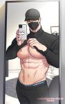  1boy abs bandaid bandaids_on_nipples bara baseball_cap beom black_hair black_pants black_shirt clothes_lift covered_mouth covered_nipples didrkrk full_volume hat highres holding holding_phone large_pectorals lifted_by_self looking_at_viewer male_focus male_underwear male_underwear_peek mask mouth_mask muscular muscular_male navel pants pasties pectorals phone shirt shirt_lift short_hair solo twitter_username underwear 