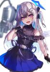  1girl :d akieda amane_kanata bangs bare_shoulders black_dress black_gloves blue_dress blue_hair blurry blurry_foreground colored_inner_hair cowboy_shot dress eyebrows_visible_through_hair gloves gradient_dress grey_hair hair_between_eyes hair_ornament hairclip halo hololive looking_at_viewer microphone multicolored_hair purple_eyes short_sleeves smile solo standing star_halo two_side_up virtual_youtuber 