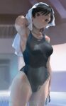  1girl amagami bangs black_eyes black_hair breasts closed_mouth commentary_request competition_swimsuit looking_at_viewer medium_breasts odonata_xyz one-piece_swimsuit ponytail pool solo swimsuit towel towel_on_head tsukahara_hibiki web_address wet 