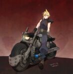  1boy armor bandaged_arm bandages belt blonde_hair blue_pants blue_shirt boots closed_eyes cloud_strife final_fantasy final_fantasy_vii full_body gloves ground_vehicle headlight krudears motor_vehicle motorcycle muscular muscular_male pants red_background shirt shoulder_armor sitting sleeveless sleeveless_turtleneck solo spiked_hair suspenders turtleneck 