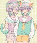  2boys animal_ears bandaid blue_hair brothers cat_boy cat_ears cat_tail collar fish fish_in_mouth highres looking_at_viewer male_focus matching_outfit multicolored_hair multiple_boys paradox_live purple_eyes purple_hair shirota69 siblings tail twins yatonokami_kanata yatonokami_nayuta 