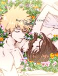  1boy 1girl arm_pillow bakugou_katsuki blonde_hair boku_no_hero_academia brown_hair eyebrows_visible_through_hair flower hetero kaki_piyo lying male_focus naked_towel orange_flower pansy pink_flower sailor_collar short_hair sidelocks sleeping spiked_hair topless_male towel uraraka_ochako white_flower 