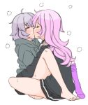  2girls barefoot blush breath grey_hair grey_hoodie hand_on_another&#039;s_shoulder hands_on_another&#039;s_hips hood hoodie hug kazari_jun kiss long_hair magia_record:_mahou_shoujo_madoka_magica_gaiden mahou_shoujo_madoka_magica miwa_mitsune multiple_girls nnkn49230301 no_eyewear pink_footwear pink_hair school_uniform short_hair simple_background single_sock sitting socks sweat thighs yuri 