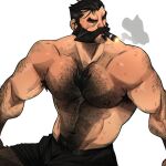  1boy alternate_costume bangs bara black_shorts bread chest_hair chris_sdd cigar cowboy_shot food graves_(league_of_legends) grey_background highres league_of_legends looking_to_the_side male_focus male_pubic_hair muscular muscular_male navel nipples pubic_hair short_hair shorts simple_background solo 