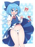  !? 1girl blue_background blue_bow blue_dress blue_eyes blush bow cirno clothes_lift dress eyebrows_visible_through_hair hair_bow heart heart_background highres ice ice_wings navel open_mouth panties puffy_short_sleeves puffy_sleeves rizento short_hair short_sleeves skirt skirt_flip skirt_lift touhou underwear white_panties wings 