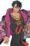  1boy black_hair black_shirt butchi earrings facing_viewer highres jewelry long_sleeves looking_to_the_side male_focus multicolored_clothes multicolored_hair necklace pants paradox_live purple_eyes purple_hair ring shirt smile solo suiseki_iori white_background 