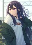  1girl absurdres black_choker black_hair braid choker drawstring green_jacket hand_in_pocket highres hood hoodie hoodie_dress ichinose_uruha jacket long_hair long_sleeves looking_away ochiai_miyabi off_shoulder open_clothes open_jacket parted_lips purple_eyes solo upper_body virtual_youtuber vspo! white_hoodie 