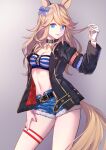  1girl animal_ears bandeau bangs belt black_belt black_choker black_jacket blonde_hair blue_bow blue_eyes blue_nails bow breasts choker cleavage commentary cowboy_shot cutoffs denim denim_shorts eyebrows_visible_through_hair gloves gold_city_(umamusume) gradient gradient_background grey_background hair_bow hand_up highres horse_ears jacket long_hair long_sleeves looking_at_viewer medium_breasts midriff murazo_(0606) nail_polish navel open_clothes open_jacket parted_lips red_nails short_shorts shorts single_glove solo standing stomach strapless striped_bandeau tail thigh_strap thighs tube_top umamusume white_gloves 