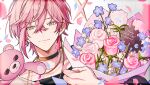  1boy animal_on_shoulder black_shirt blurry bouquet bracelet character_name choker confetti copyright_name depth_of_field earrings flower green_eyes happy_birthday holding holding_bouquet holostars jewelry junjam light_smile looking_at_viewer male_focus necklace petals pink_flower pink_hair pink_rose pink_theme portrait rikka_(holostars) rose shirt short_hair single_earring solo straight-on stuffed_animal stuffed_toy teddy_bear 
