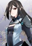  1girl black_hair breasts cleavage cleavage_cutout clothing_cutout cosplay ethel_(xenoblade) ethel_(xenoblade)_(cosplay) highres medium_breasts medium_hair morag_ladair_(xenoblade) nayuta-kanata red_eyes signature solo xenoblade_chronicles_(series) xenoblade_chronicles_2 xenoblade_chronicles_3 