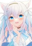  1girl ahoge animal_ears blue_eyes cat_ears cat_girl fang hair_ribbon highres indie_virtual_youtuber kazari_lua long_hair ribbon skin_fang tomori_meme upper_body virtual_youtuber 