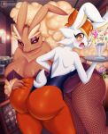  anthro big_breasts blush breasts brown_body butt butt_grab cinderace clothed clothing female fur hair hand_on_butt hi_res lagomorph lopunny mammal nintendo pok&eacute;mon pok&eacute;mon_(species) purplevulpes smile video_games 