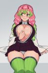  1girl belt blush breasts cleavage demon_slayer_uniform embarrassed english_commentary gradient_hair green_eyes green_hair green_legwear hand_on_own_chest haori highres japanese_clothes kanroji_mitsuri kimetsu_no_yaiba large_breasts long_hair long_sleeves looking_away looking_to_the_side mole mole_under_eye multicolored_hair nipples no_bra open_clothes pink_hair pleated_skirt ribbed_legwear sitting skirt solo suoiresnu thighhighs thighs tri_braids white_belt 