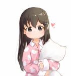  1girl baigao bangs black_eyes black_hair buttons child chinese_commentary commentary_request eyebrows_visible_through_hair hair_between_eyes hair_ornament hairclip heart heart_print highres light_blush long_hair long_sleeves looking_at_viewer object_hug original pajamas pillow pillow_hug print_pajamas simple_background sleeves_past_wrists smile solo upper_body white_background 