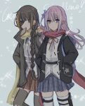  2girls backpack bag black_jacket black_ribbon blue_skirt braid bread_slice brown_hair brown_jacket brown_legwear collared_shirt eyepatch girls&#039;_frontline highres jacket long_hair m16a1_(girls&#039;_frontline) multicolored_hair multiple_girls one_side_up orange_hair pink_hair purple_eyes purple_hair red_ribbon red_scarf red_skirt ribbon scar scar_on_face scarf shadow71580825 shirt simple_background skirt st_ar-15_(girls&#039;_frontline) strap streaked_hair white_legwear white_shirt yellow_scarf 