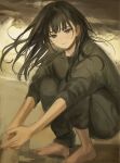  1girl bangs barefoot brown_background brown_eyes brown_hair brown_pants brown_shirt expressionless funabashi_(iwzry) highres long_hair looking_at_viewer original own_hands_together pants shirt sketch solo squatting 