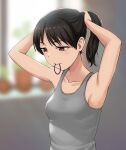  1girl bangs bare_arms black_hair breasts brown_eyes closed_mouth collarbone commentary_request hair_tie_in_mouth hashi indoors looking_down medium_breasts mouth_hold original plant short_hair smile solo tying_hair 