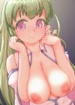  1girl alternate_eye_color areolae bangs bare_shoulders blush breasts breasts_out detached_sleeves dutch_angle eyebrows_visible_through_hair gradient gradient_background green_hair grey_background hands_up highres kaabon_meshi kochiya_sanae large_breasts light_smile long_hair looking_at_viewer nipples no_bra purple_eyes shirt simple_background sleeves_past_elbows solo touhou traditional_media upper_body wide_sleeves 