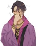  1boy black_hair black_shirt blush bracelet butchi covering_mouth earrings facing_viewer highres jacket jewelry long_sleeves looking_to_the_side male_focus multicolored_hair necklace paradox_live purple_eyes purple_hair purple_jacket ring shirt solo suiseki_iori translation_request white_background 