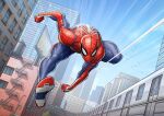  1boy airborne billboard city clenched_hand male_focus marvel mask motion_lines patrick_brown solo spider-man spider-man_(game) spider-man_(series) spider_web_print subway superhero 