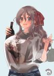  1girl absurdres alternate_costume alternate_hairstyle blue_background bottle brown_eyes cup denim drinking_glass grey_hair highres jeans kantai_collection meta mizunototori pants pola_(kancolle) red_ribbon ribbon shirt simple_background solo t-shirt thick_eyebrows wavy_hair wine_bottle wine_glass 