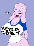  anthro big_breasts bottomless bovid breasts caprine cleavage clothed clothing eyes_closed female florida-milves goat horn long_ears mammal mega_milk meme open_mouth shirt simple_background solo text topwear toriel undertale_(series) 