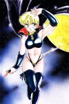  1990s_(style) 1girl amagi_kei arm_up black_footwear blonde_hair boots cape cape_lift highres holding holding_wand ikinari!_can2 moon navel night night_sky non-web_source official_art open_mouth retro_artstyle scan short_hair sky solo star_(sky) starry_sky thigh_boots thighhighs traditional_media wand wind wind_lift 