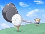  1girl ball blonde_hair cape capelet chibi colorado_(kancolle) flying_sweatdrops garrison_cap golf golf_ball golf_club hat headgear highres kantai_collection o_o riretsuto short_hair sky solid_circle_eyes solo standing sunrise_stance trembling 