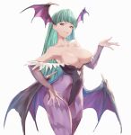  1girl animal_print bangs bare_shoulders bat_print blunt_bangs bridal_gauntlets closed_mouth clothing_cutout collarbone demon_wings green_eyes green_hair grey_background head_wings heart_cutout long_hair looking_at_viewer low_wings morrigan_aensland off_shoulder pantyhose purple_legwear simple_background smile solo talgi vampire_(game) wings 