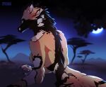  anthro black_body black_fur breasts brown_body canid canine canis digital_media_(artwork) domestic_dog female fur looking_at_viewer mammal markings moon night packfang plant smooshkin solo spots spotted_markings tree wild_dog_(disambiguation) 