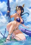  1girl arknights aya_tarou bikini black_bikini black_hair blue_hair breasts ch&#039;en_(arknights) ch&#039;en_the_holungday_(arknights) cleavage day eyebrows_visible_through_hair gun highleg highleg_bikini horizon horns kneeling large_breasts long_hair looking_at_viewer low_ponytail micro_shorts multicolored_hair navel one_knee open_pants outdoors pants red_eyes sandals short_shorts shorts sidelocks skindentation solo strap_gap string_bikini swimsuit two-tone_hair v-shaped_eyebrows wading water_gun weapon 