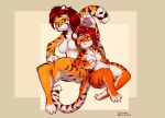  anthro breasts butt countershading digital_media_(artwork) duo felid female hair halcy0n looking_up mammal nude pantherine pawpads red_hair simple_background size_difference smile tiger tomek1000 white_body white_countershading yellow_sclera 