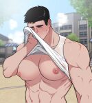  1boy abs bara bare_pectorals black_hair blush closed_eyes clothes_lift cloud day didrkrk highres large_pectorals lifted_by_self male_focus manboobs muscular muscular_male navel nipples original outdoors pectorals short_hair sky solo tank_top upper_body white_tank_top 