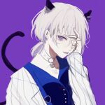  1boy animal_ears blue_shirt cat_boy cat_ears cat_tail collar ear_piercing fake_animal_ears fake_tail head_rest highres jacket jewelry long_sleeves looking_at_viewer male_focus murasaki_(mrsk_1111) natsume_ryu paradox_live piercing ponytail purple_background purple_eyes ring shirt short_ponytail sketch solo striped striped_jacket tail white_hair white_jacket 