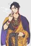  1boy black_hair bracelet butchi earrings grey_background highres jewelry looking_at_viewer male_focus multicolored_clothes multicolored_hair necklace open_mouth paradox_live pipe purple_eyes purple_hair ring short_hair smoke smoking solo suiseki_iori 