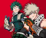  2boys bakugou_katsuki blonde_hair blood bodysuit boku_no_hero_academia chiyaya freckles gloves green_bodysuit green_eyes green_gloves green_hair grin highres male_focus mask mask_removed midoriya_izuku multiple_boys nosebleed orange_eyes red_background smile spiked_hair two-tone_gloves white_gloves 