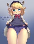  1girl :p absurdres animal_ear_fluff animal_ears antlers ass_visible_through_thighs black_headwear blonde_hair blue_background blue_buruma blue_eyes blue_shirt blush buruma clothes_lift deer_ears from_below gym_uniform hat highres karv lifted_by_self looking_at_viewer looking_down original shirt shirt_lift short_hair simple_background smile solo thigh_gap thighs tongue tongue_out white_shirt 