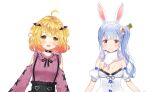  2girls ahoge airani_iofifteen_(artist) alternate_hairstyle animal_ear_fluff animal_ears ayamy bangs bare_shoulders bat_hair_ornament belt black_belt black_choker black_skirt blonde_hair blue_hair blush bow braid breasts carrot carrot_hair_ornament choker cleavage clothing_cutout creature detached_sleeves don-chan_(usada_pekora) english_commentary extra_ears eyebrows eyebrows_visible_through_hair fang food-themed_hair_ornament frilled_skirt frills hair_bow hair_ornament heart heart_choker high-waist_skirt highres hololive large_breasts long_hair looking_at_viewer multicolored_hair multiple_girls open_mouth orange_eyes playboy_bunny pocket pom_pom_(clothes) puffy_detached_sleeves puffy_sleeves rabbit_ears rabbit_girl red_hair redrawn scarf short_eyebrows shoulder_cutout side_ponytail sidelocks simple_background skirt sleeveless small_breasts straight-on suspender_skirt suspenders thick_eyebrows two-tone_hair usada_pekora virtual_youtuber white_bow white_hair yellow_eyes yozora_mel yuuki_hagure 