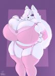  absurd_res anthro big_breasts bra breasts canid canine canis cleavage clothed clothing domestic_dog female fur garter_straps hair hair_over_eye hi_res huge_breasts hyper hyper_breasts mammal nordic_sled_dog one_eye_obstructed panties samoyed shakotanbunny solo spitz underwear white_body white_fur 