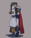  1boy 1girl armor black_footwear boots brown_footwear cape character_request commentary_request fire_emblem gloves green_hair green_headband grey_background headband height_difference highres hug ike_(fire_emblem) long_hair pants pants_tucked_in picnicic red_cape short_hair spiked_hair standing twintails white_pants white_robe 