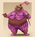  2022 anthro belly big_belly black_nose brown_body clothed clothing disney distracting_watermark duke_of_chutney eyes_closed hat headgear headwear hi_res humanoid_hands lakalando little_john male mammal navel obese obese_male overweight overweight_male robin_hood_(disney) simple_background solo ursid watermark 