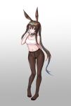  1girl absurdres amiya_(arknights) animal_ears anklet aqua_choker aqua_eyes arknights arm_behind_back ass_visible_through_thighs bare_shoulders breasts brown_hair brown_legwear cleavage closed_mouth collarbone full_body gradient gradient_background grey_background highres jewelry long_hair looking_at_viewer medium_breasts multiple_rings navel no_shoes pantyhose ponytail rabbit_ears ring sidelocks smile solo sports_bra standing stomach very_long_hair white_background 