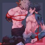  2boys abs arms_behind_back artist_name asanuno1510 bakugou_katsuki bangs bara black_pants blonde_hair blush boku_no_hero_academia bound bound_arms bound_wrists domino_mask gloves green_gloves green_pants large_pectorals looking_at_viewer male_focus mask mask_removed midoriya_izuku multiple_boys muscular muscular_male navel nipples on_person open_mouth orange_gloves pants pectorals red_rope rope shibari short_hair sitting sitting_on_person spiked_hair topless_male torn_clothes torn_mask twitter_username two-tone_gloves yaoi 