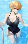  1girl absurdres bangs black_swimsuit blonde_hair blue_eyes blush breasts cleavage girls&#039;_frontline hair_ornament highres large_breasts looking_at_viewer one-piece_swimsuit polla pool_ladder short_hair snowflake_hair_ornament solo swimsuit vsk-94_(girls&#039;_frontline) water wet 