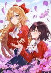  2girls black_eyes black_hair blonde_hair blue_eyes blue_skirt claire_francois cloud cloudy_sky cover_image crossed_arms drill_hair floating_hair flower gem half_updo hanagata jacket long_hair multiple_girls official_art outstretched_hand petals red_jacket rei_taylor school_uniform short_hair skirt sky very_long_hair watashi_no_oshi_wa_akuyaku_reijou wind yuri 