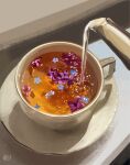  artist_name blue_flower commentary cup drink english_commentary flower food_focus from_above highres kay_(kf1n3) no_humans original pouring purple_flower saucer signature still_life tea teacup teapot 