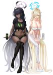 2girls :d absurdly_long_hair ahoge asuna_(blue_archive) b-pang bandeau bangs bare_shoulders black_hair black_legwear black_nails black_shirt blonde_hair blue_archive blue_eyes blush breasts can cleavage closed_mouth crop_top dark-skinned_female dark_skin ear_piercing energy_drink eyebrows_visible_through_hair full_body green_hair grey_hairband grey_nails hair_over_one_eye hairband halo highres invisible_chair karin_(blue_archive) large_breasts long_hair looking_at_viewer looking_away midriff monster_energy multicolored_hair multiple_girls nail_polish navel no_shoes pants piercing print_shirt shirt shoes short_sleeves sitting smile strapless streaked_hair sweat thighhighs tube_top very_long_hair white_footwear white_pants yellow_eyes 